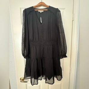 Ann Taylor Loft long sleeve black mini dress w/ tiered skirt, sheer sleeves SZ14